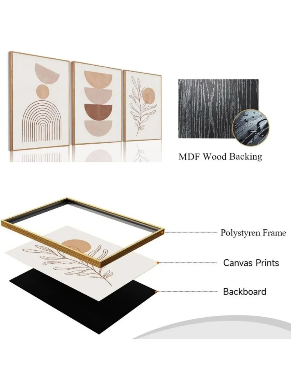 Set of 3 Boho Canvas Wall Art Prints - Mid Century Modern Geometric Decor for